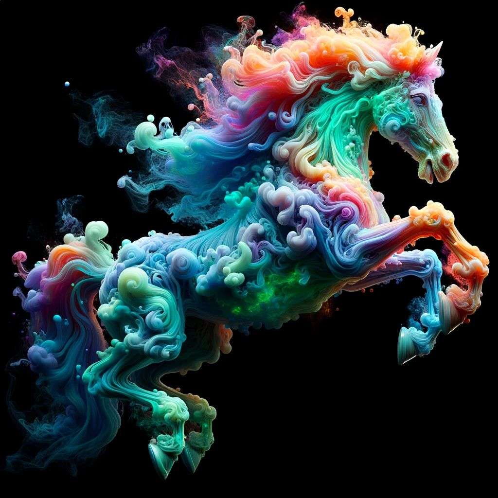 a horse made of very detailed curling wispy glowing multicolored smoke, digital art, volumetric, 3D render, Octane render